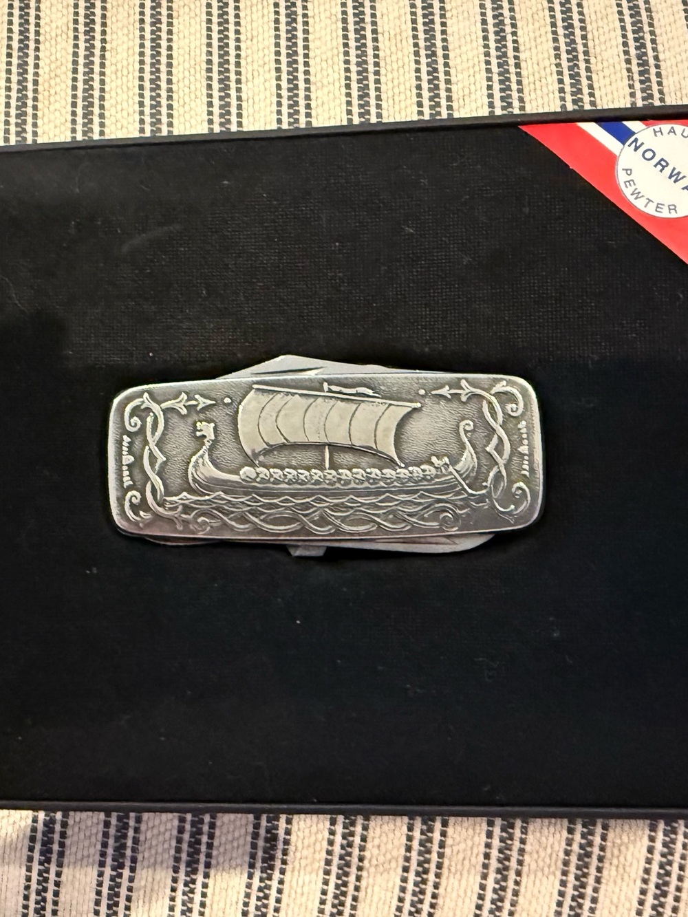 Pewter Viking Longship pocket knife- Silver Tone from Norway. New in Box.